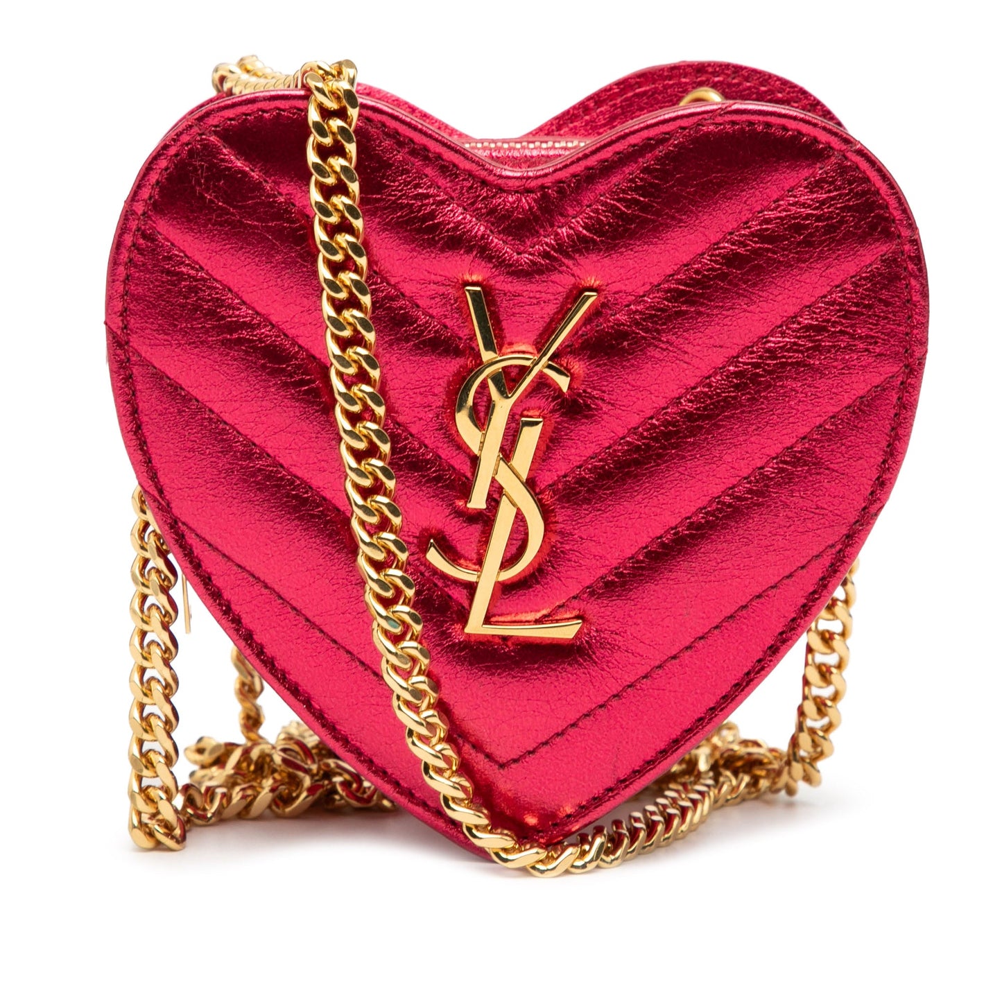 Saint Laurent Mini Metallic Leather Chevron Monogram Love Heart Chain Bag