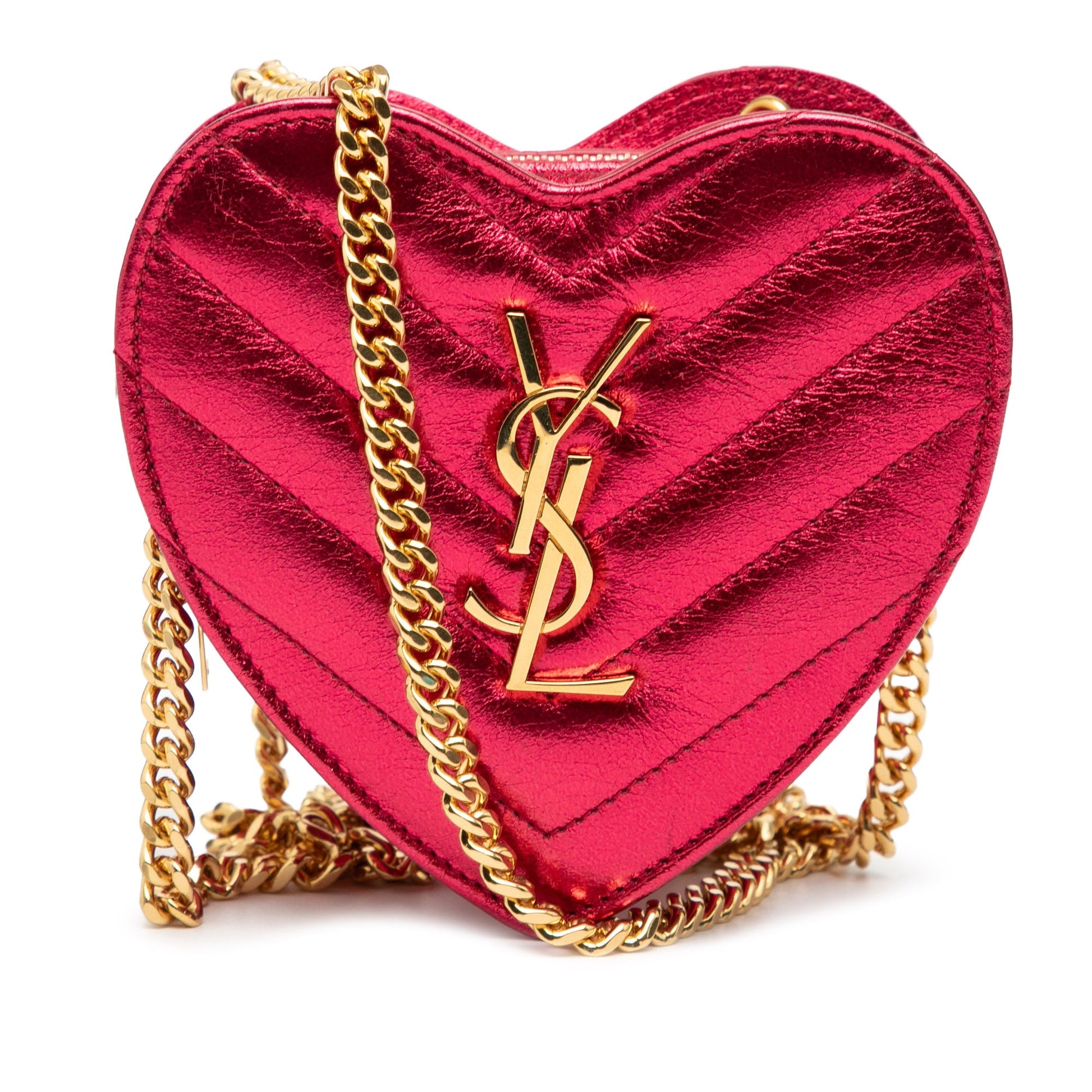 Saint Laurent Mini Metallic Leather Chevron Monogram Love Heart Chain Bag
