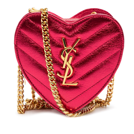 Saint Laurent Mini Metallic Leather Chevron Monogram Love Heart Chain Bag