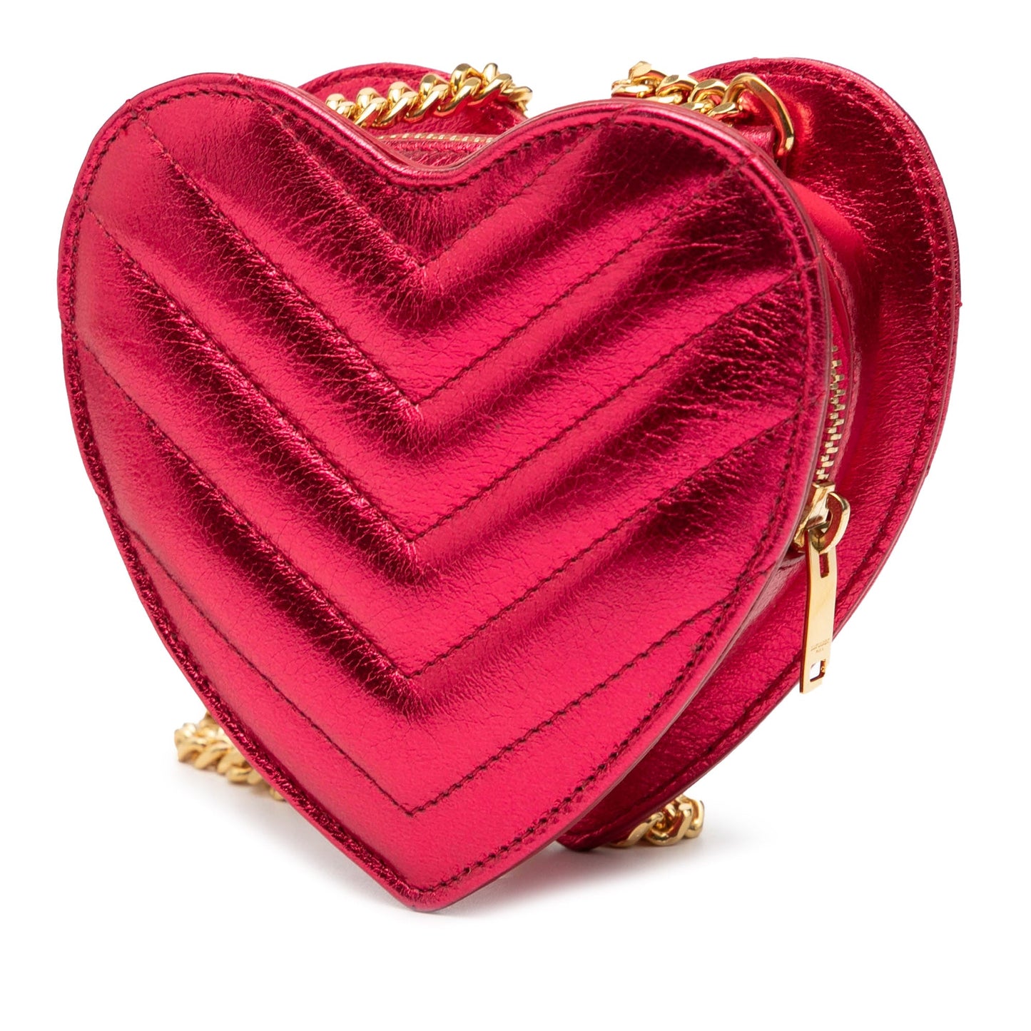 Saint Laurent Mini Metallic Leather Chevron Monogram Love Heart Chain Bag