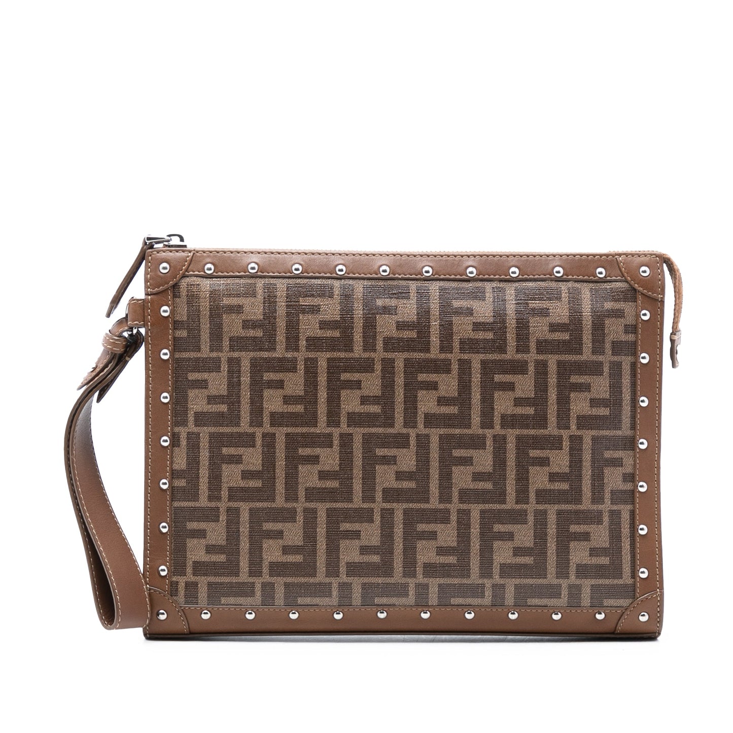 Fendi Studded Leather Trimmed Zucca Coated Canvas Clutch