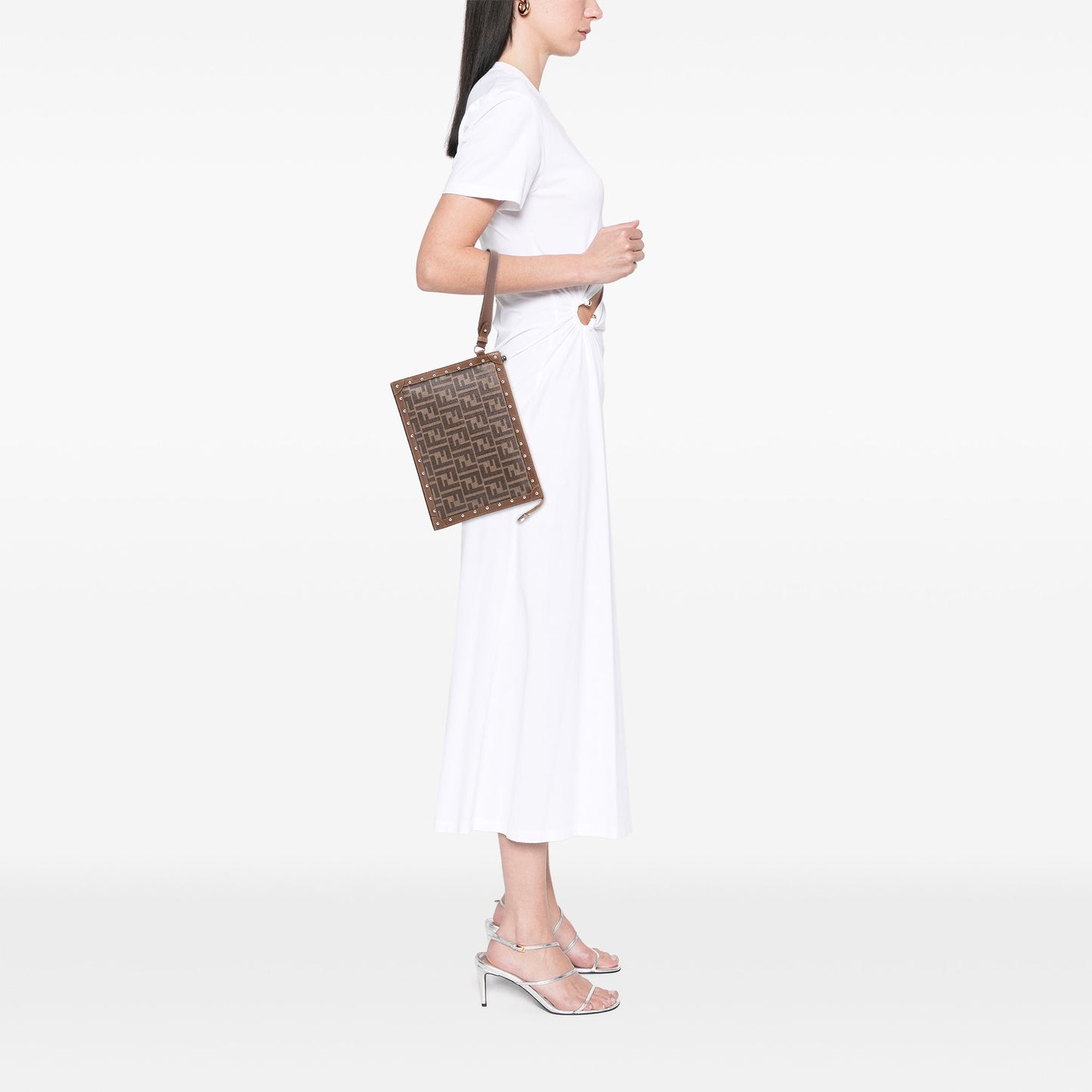 Fendi Studded Leather Trimmed Zucca Coated Canvas Clutch