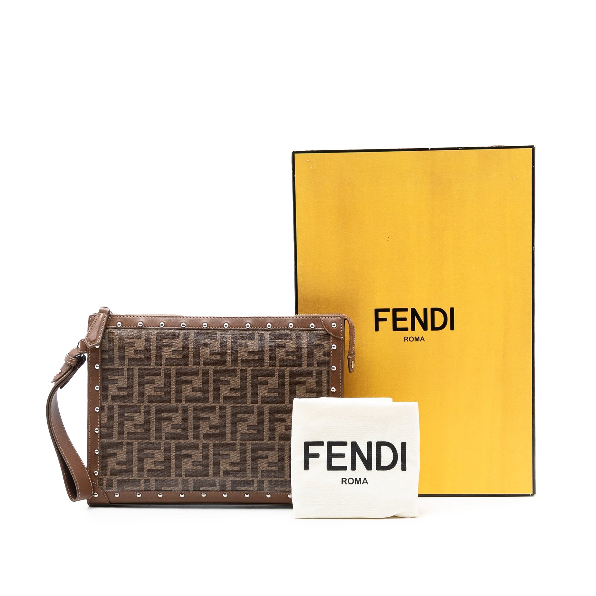 Fendi Studded Leather Trimmed Zucca Coated Canvas Clutch