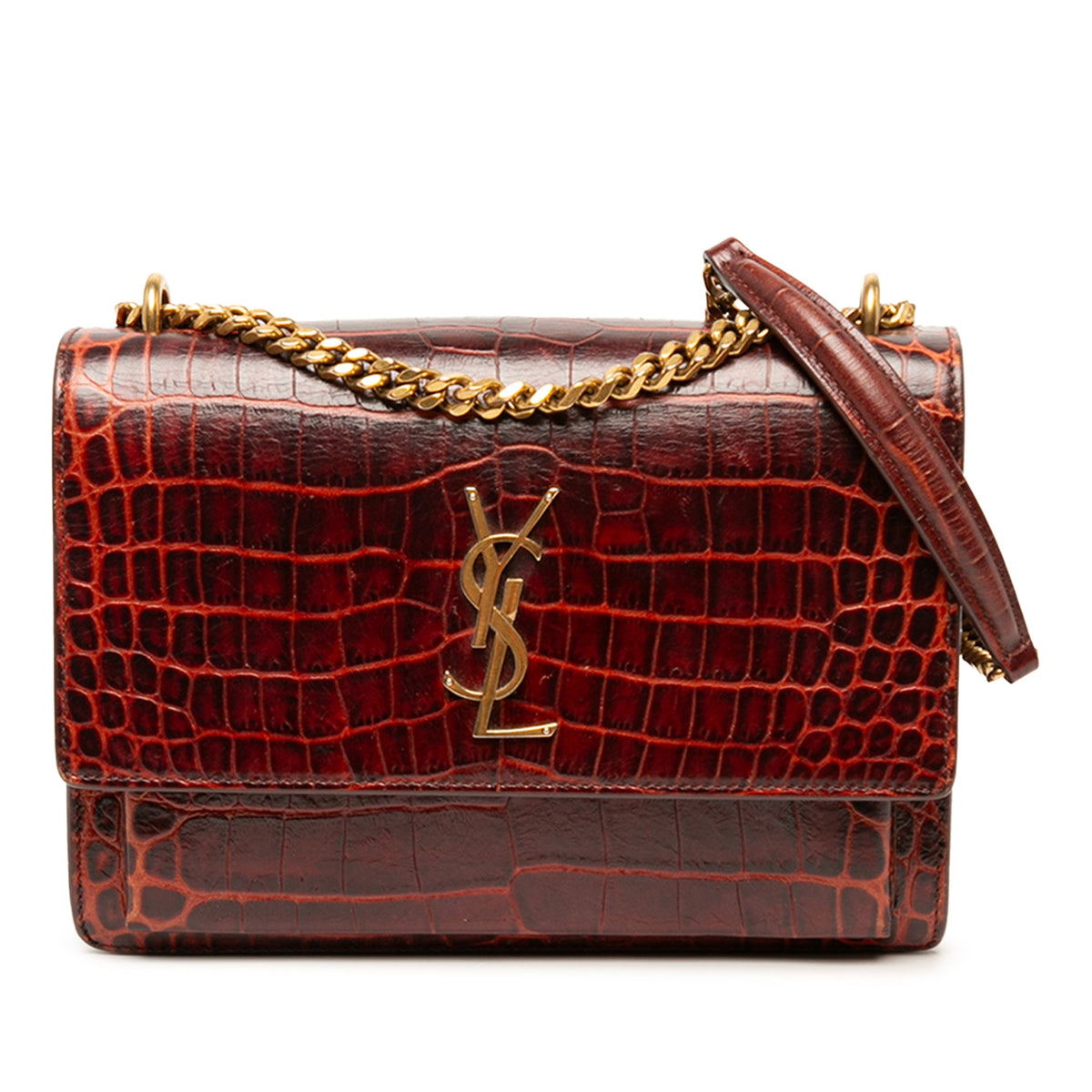 Saint Laurent Medium Croc Embossed Leather Monogram Sunset Crossbody — Red