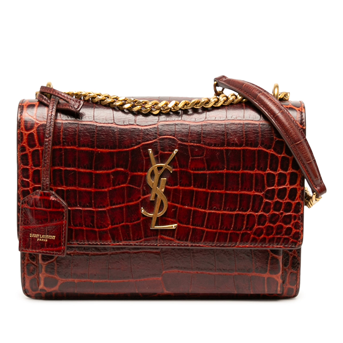 Saint Laurent Medium Croc Embossed Leather Monogram Sunset Crossbody — Red