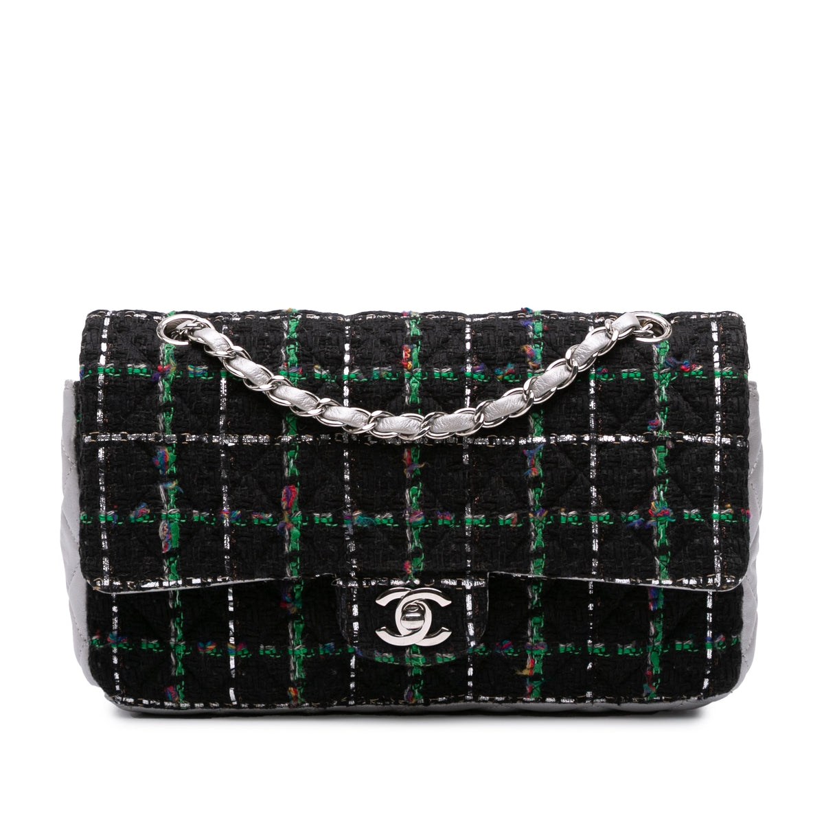 Chanel Medium Classic Quilted Tweed and Metallic Lambskin Double Flap — Silver