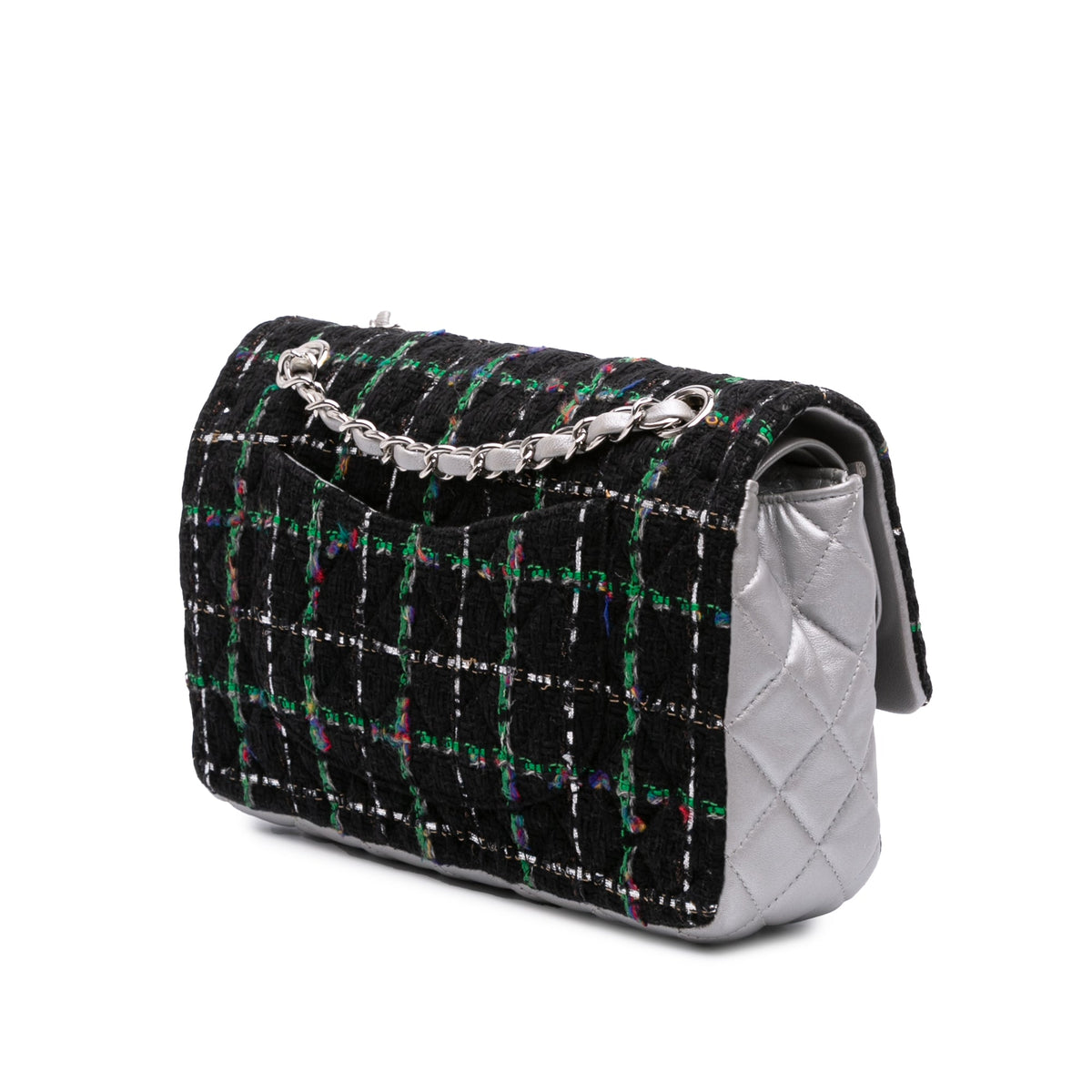 Chanel Medium Classic Quilted Tweed and Metallic Lambskin Double Flap — Silver
