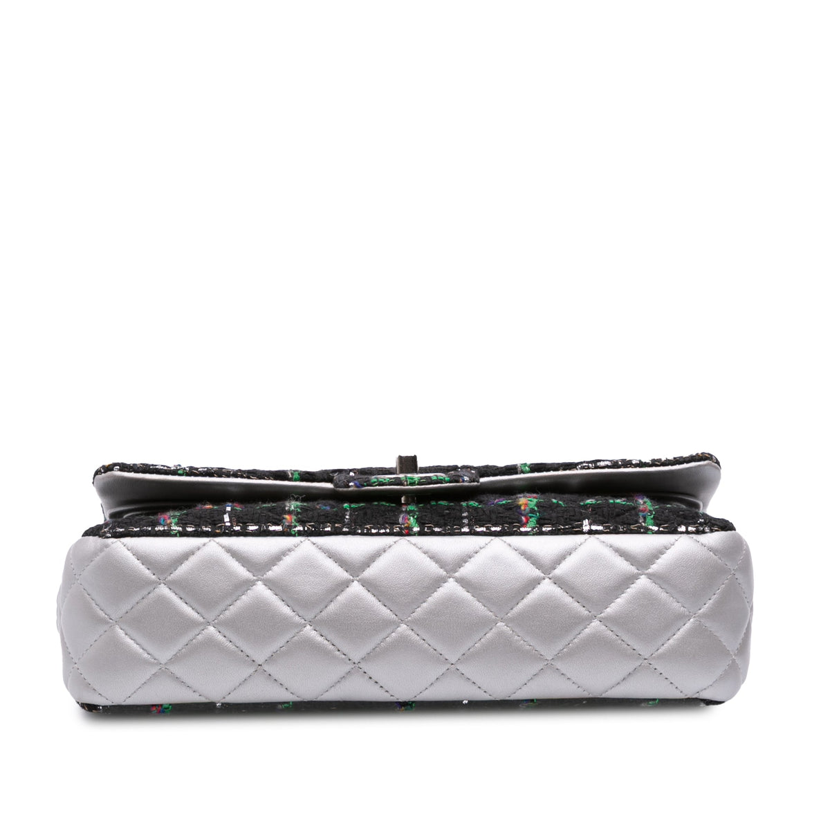 Chanel Medium Classic Quilted Tweed and Metallic Lambskin Double Flap — Silver