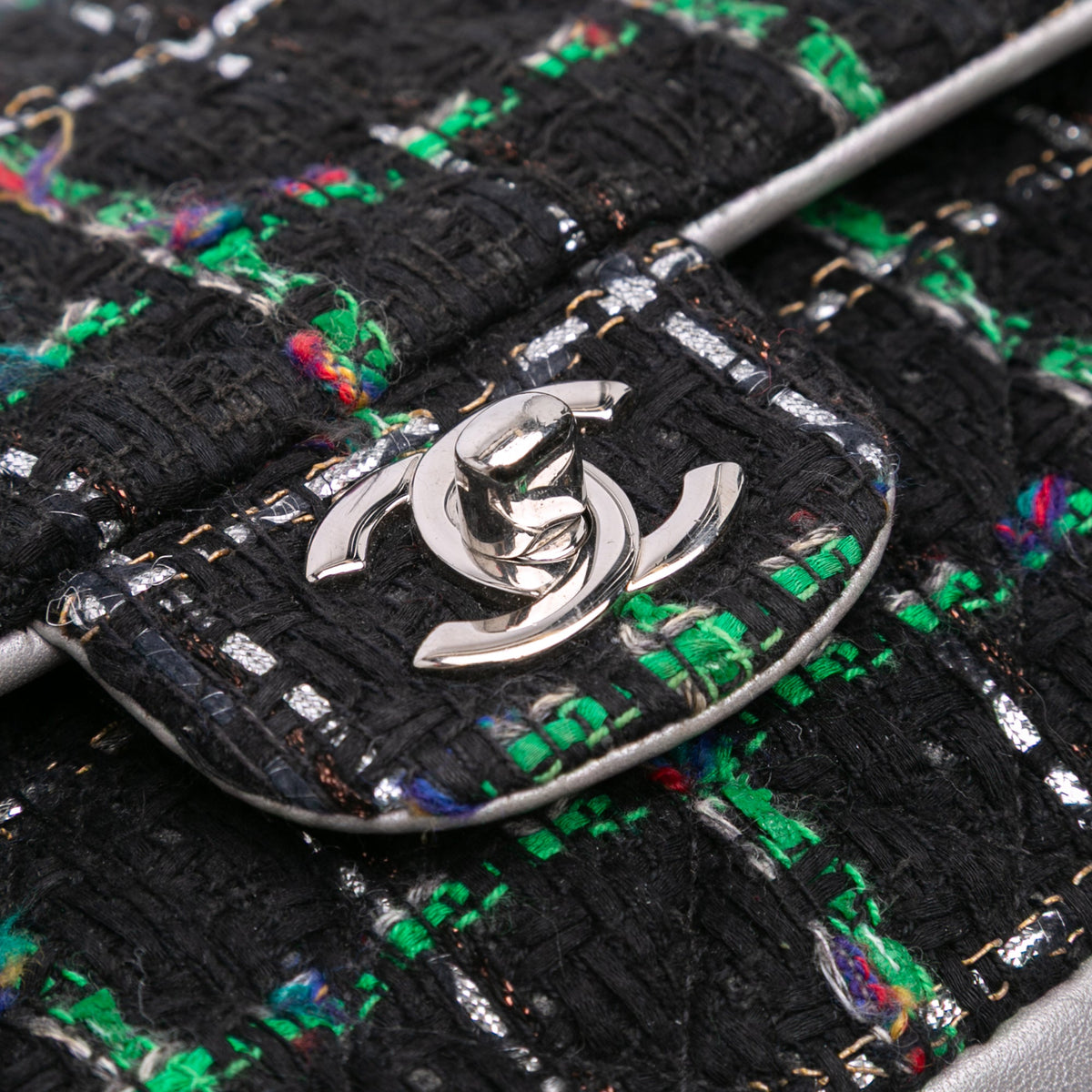 Chanel Medium Classic Quilted Tweed and Metallic Lambskin Double Flap — Silver