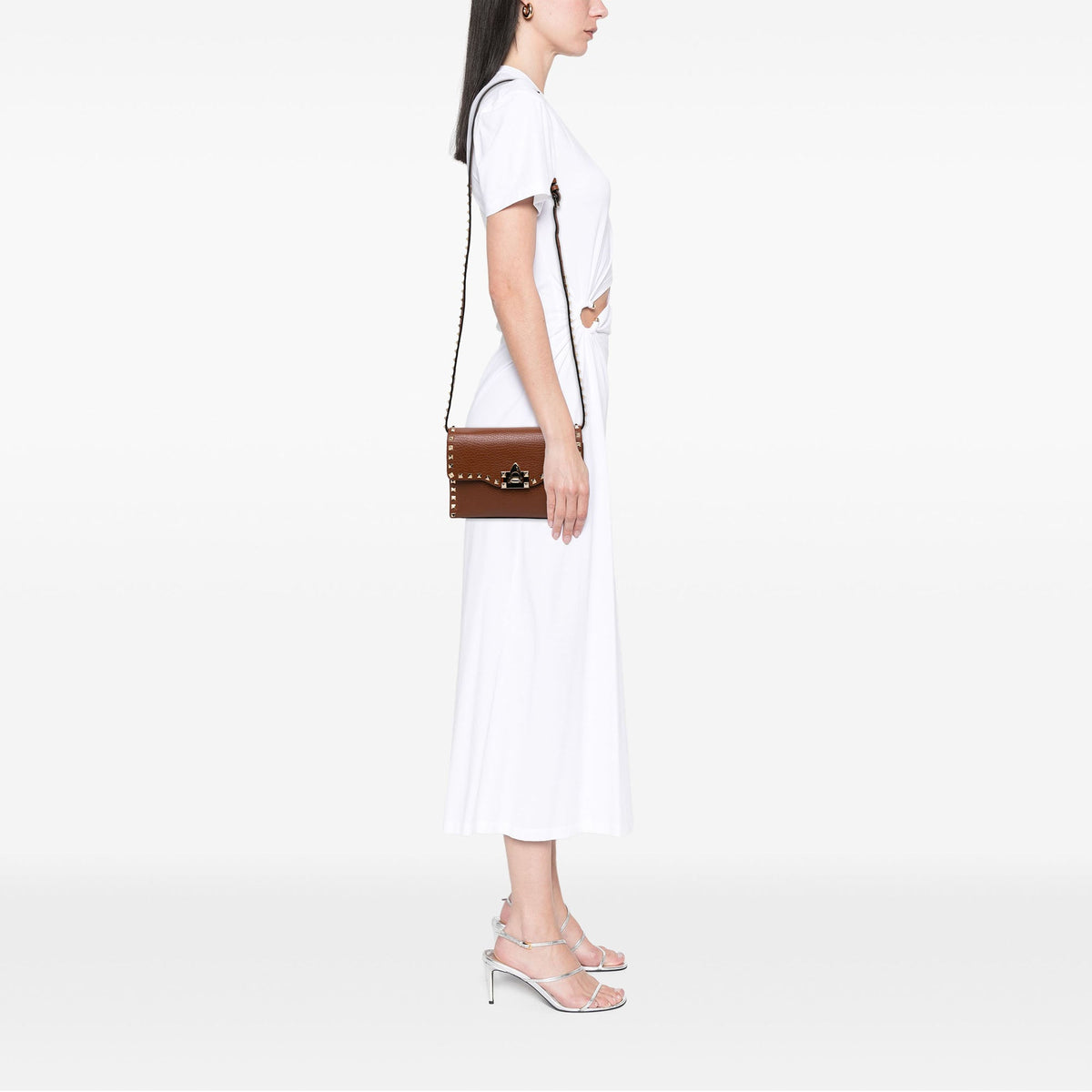 Valentino Medium Pebbled Calfskin Rockstud Flip Lock Crossbody — Brown