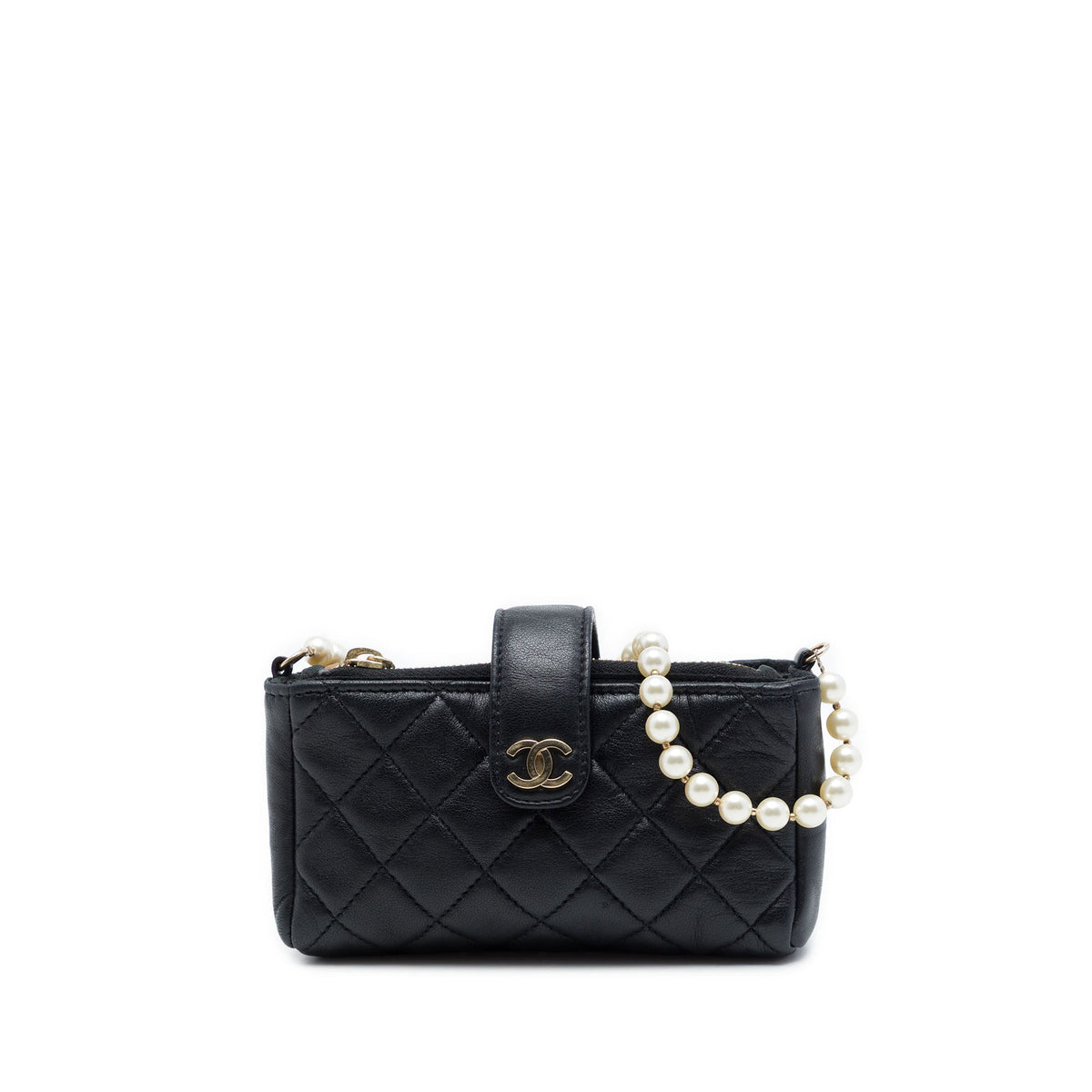 Chanel CC Quilted Lambskin O Mini Faux Pearl Chain Phone Holder Clutch — Black
