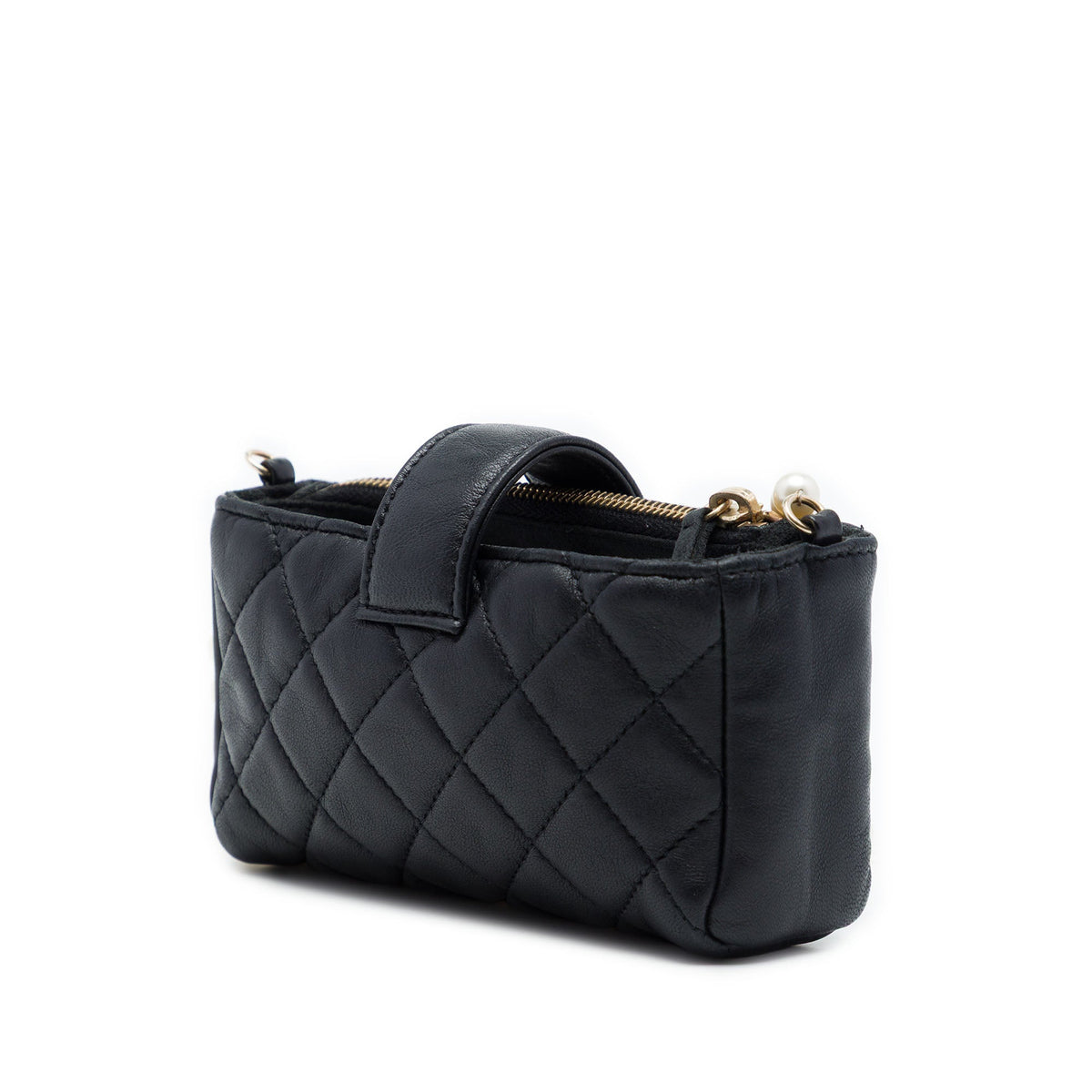 Chanel CC Quilted Lambskin O Mini Faux Pearl Chain Phone Holder Clutch — Black