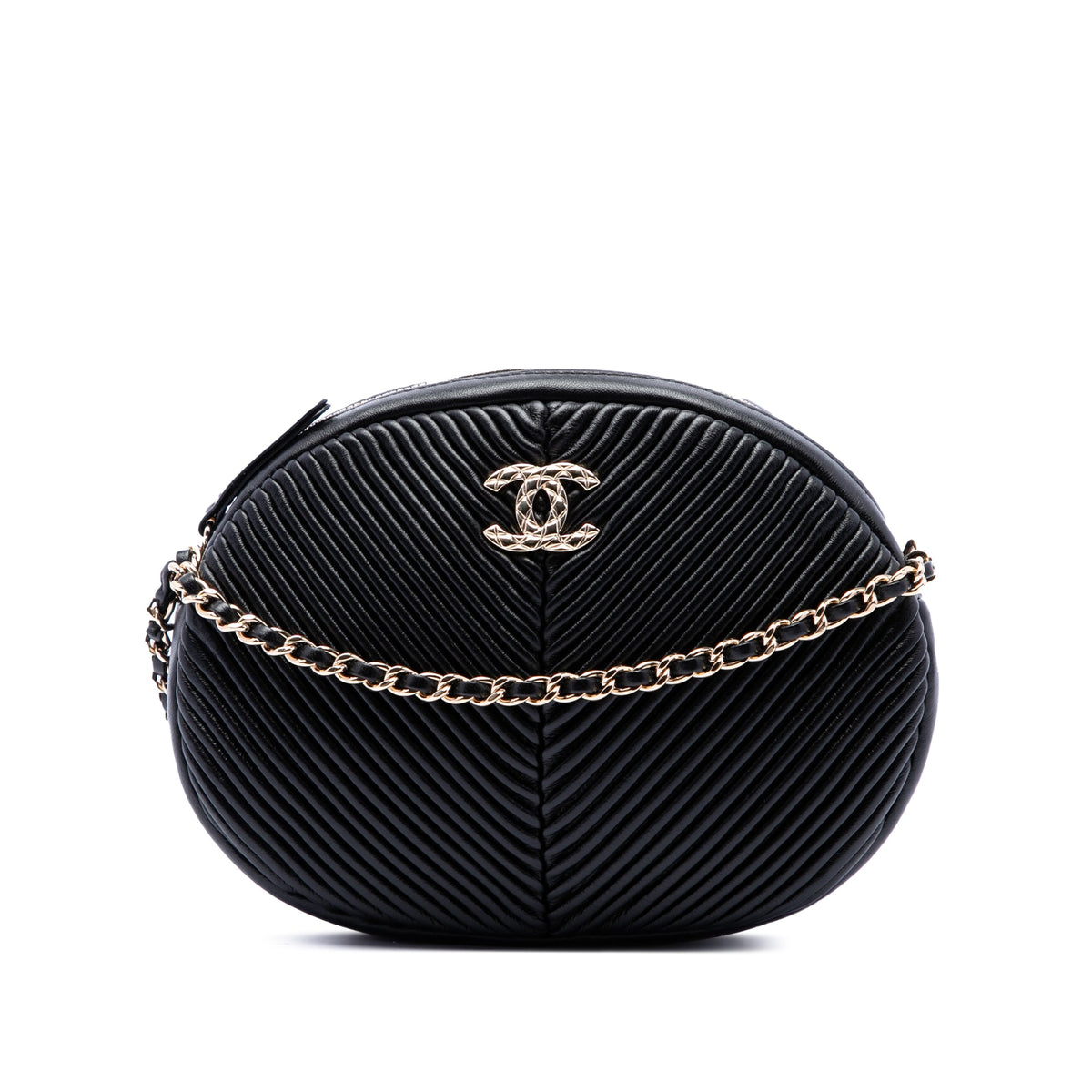 Chanel Chevron Lambskin Pleated Oval Camera Bag — Black