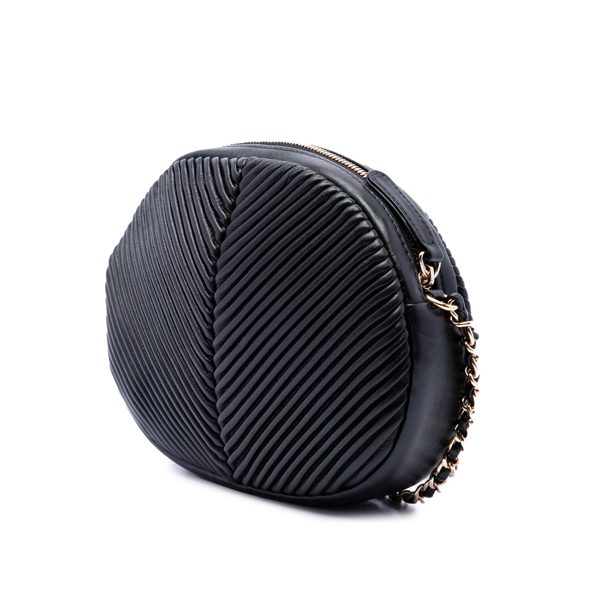 Chanel Chevron Lambskin Pleated Oval Camera Bag — Black