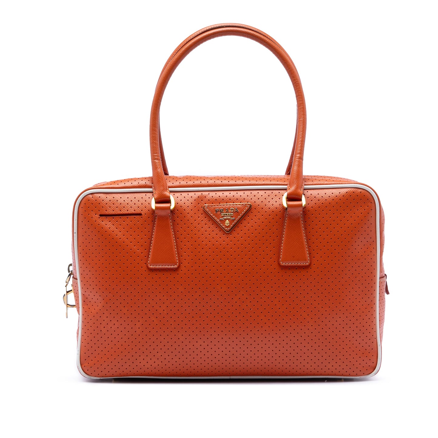 Prada Perforated Vitello Drive Leather Bauletto Top Handle Bag
