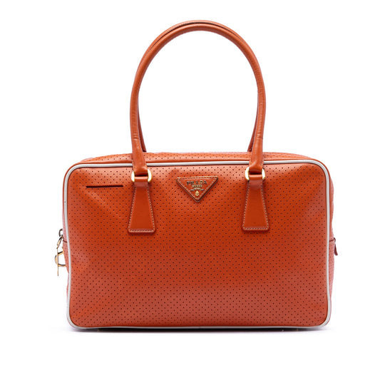 Prada Perforated Vitello Drive Leather Bauletto Top Handle Bag