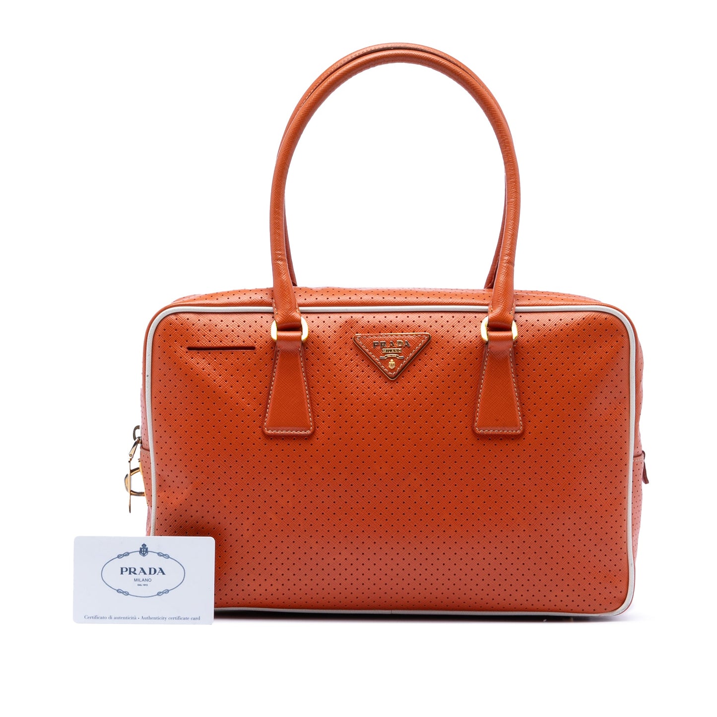 Prada Perforated Vitello Drive Leather Bauletto Top Handle Bag