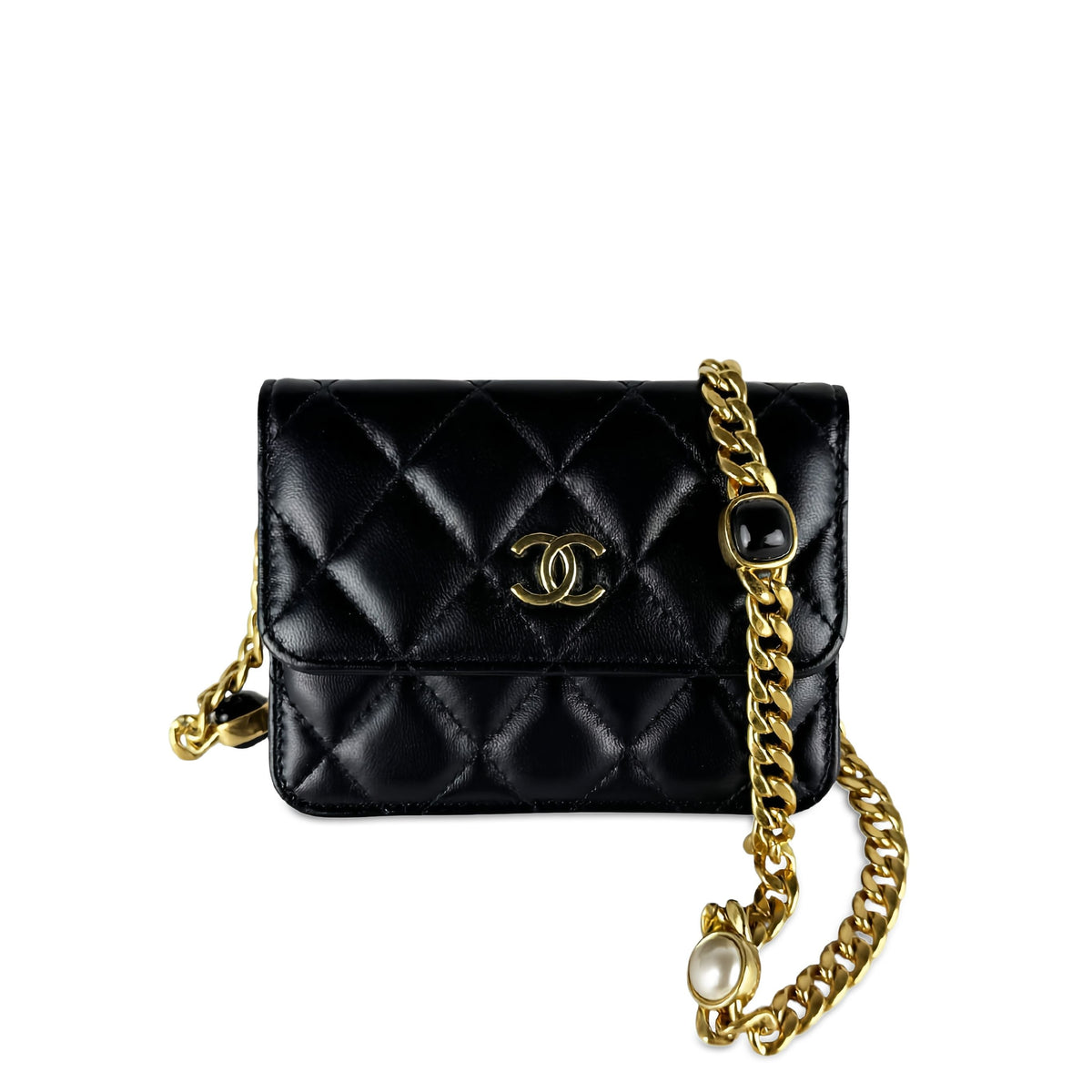Chanel Mini Quilted Lambskin Resin Pearl Chain Flap — Black