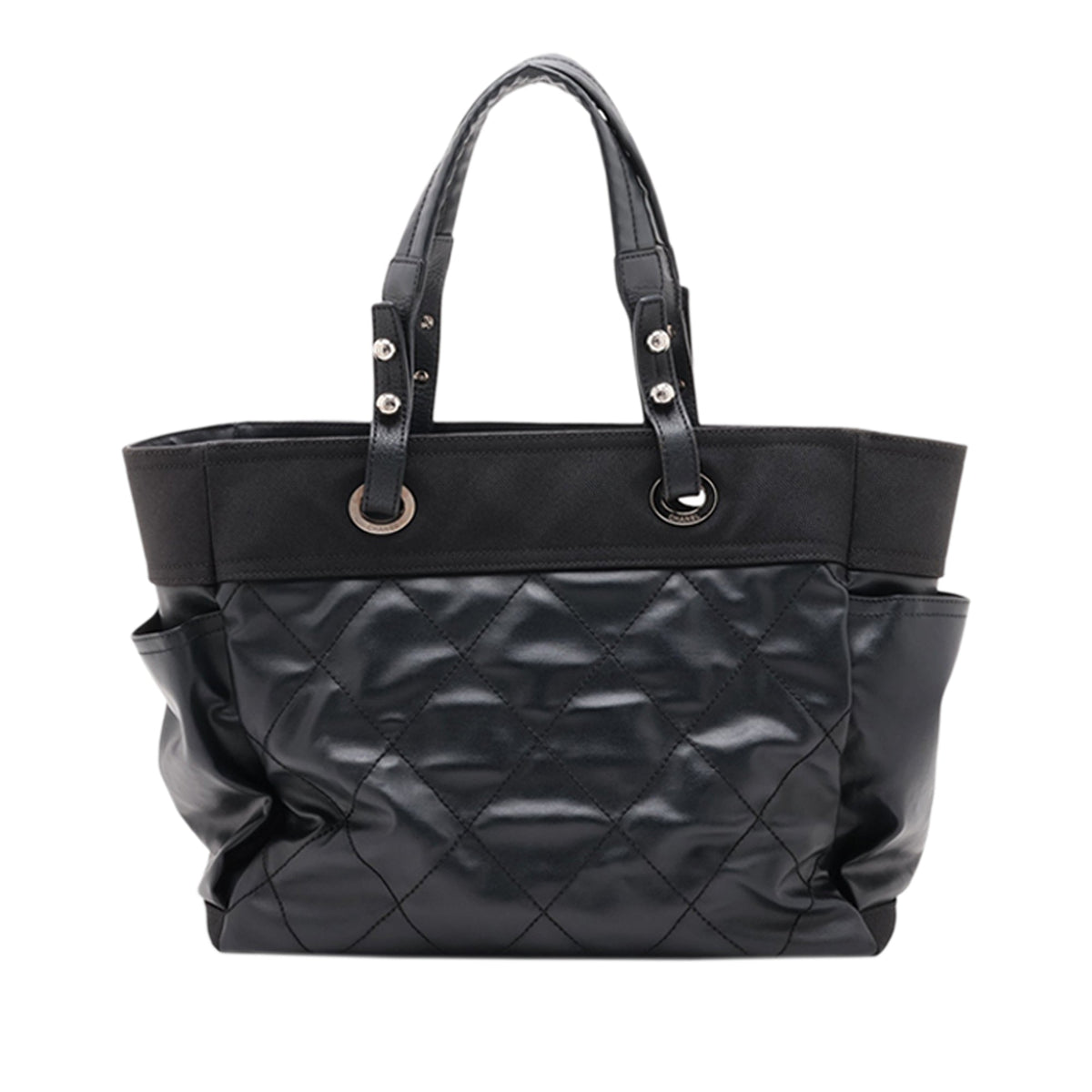 Chanel Large Quilted Coated Canvas Paris Biarritz Tote — Black