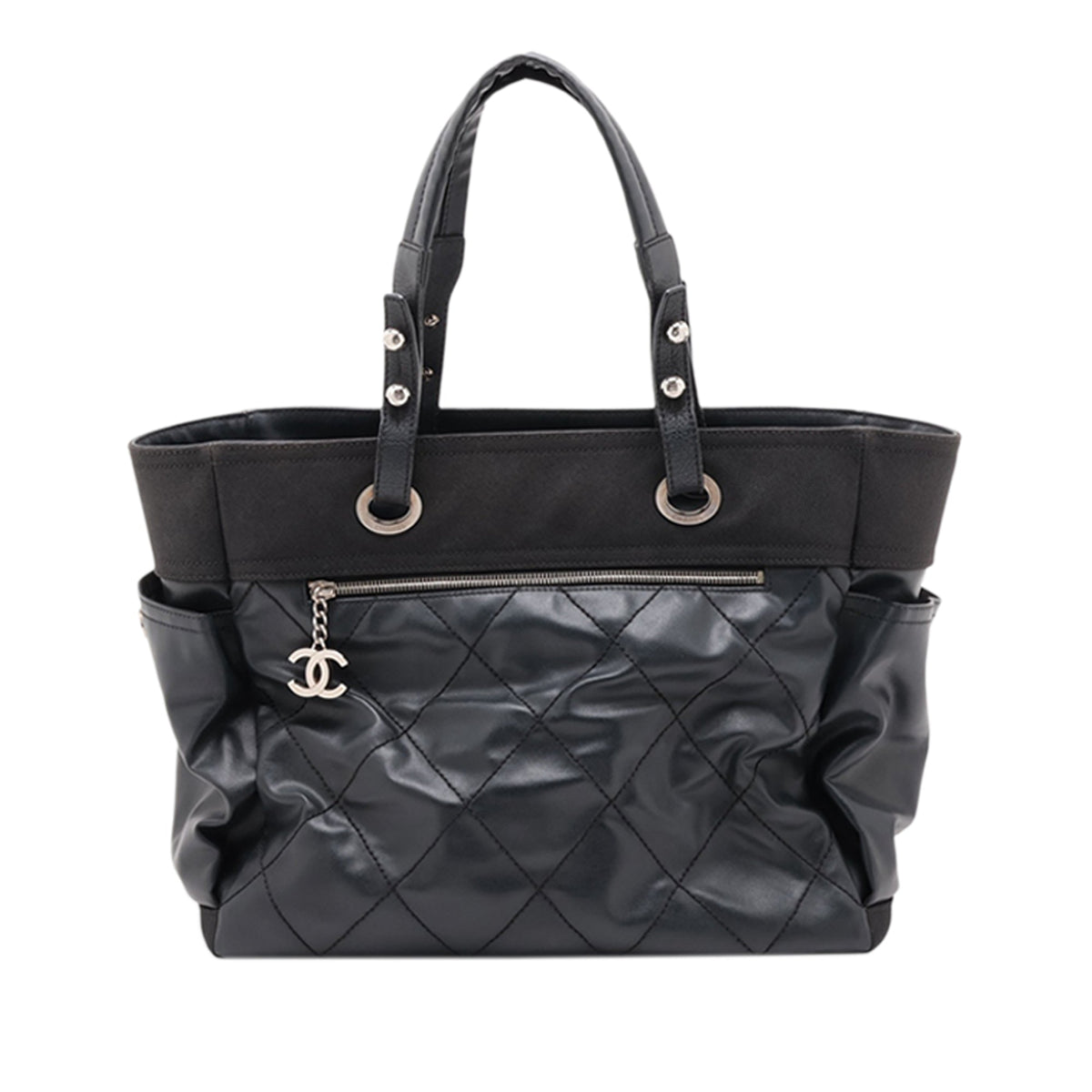 Chanel Large Quilted Coated Canvas Paris Biarritz Tote — Black