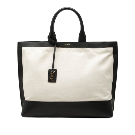 Saint Laurent Bicolor Canvas and Leather Cabas Tote