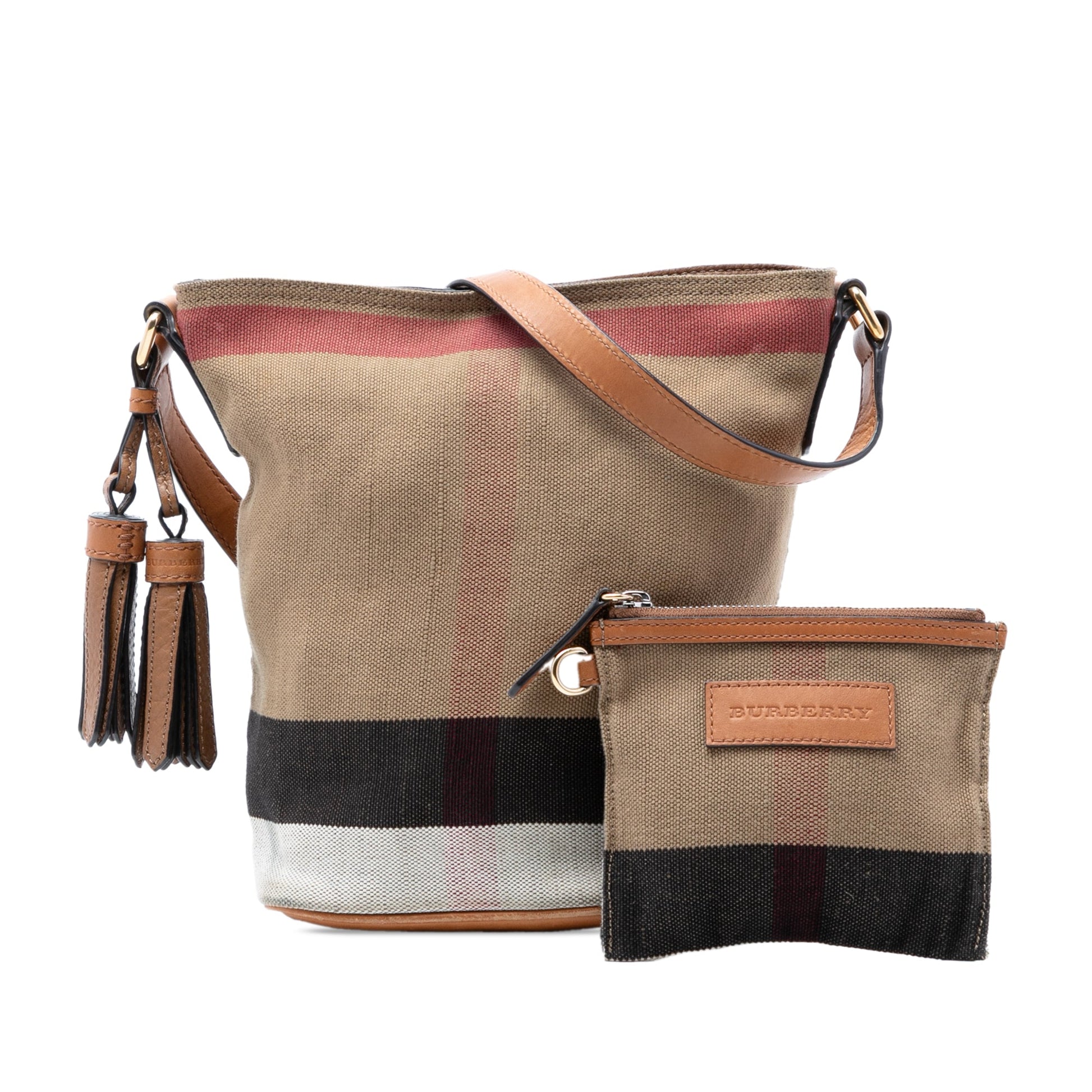 Burberry Mini Mega Check Canvas Ashby Tassel Bucket Bag