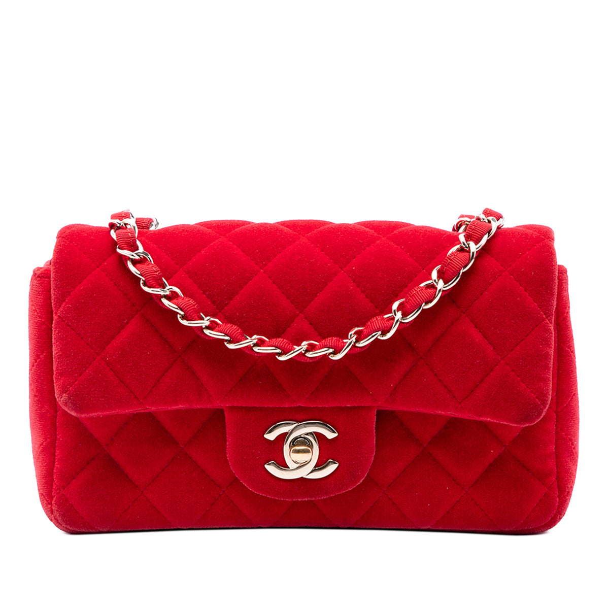 Chanel Mini Rectangular Classic Velvet Single Flap — Red