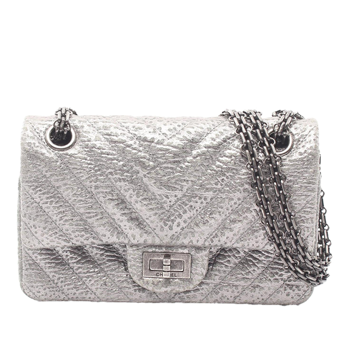 Chanel Mini Reissue 2.55 Metallic Aged Calfskin Double Flap 224 — Silver