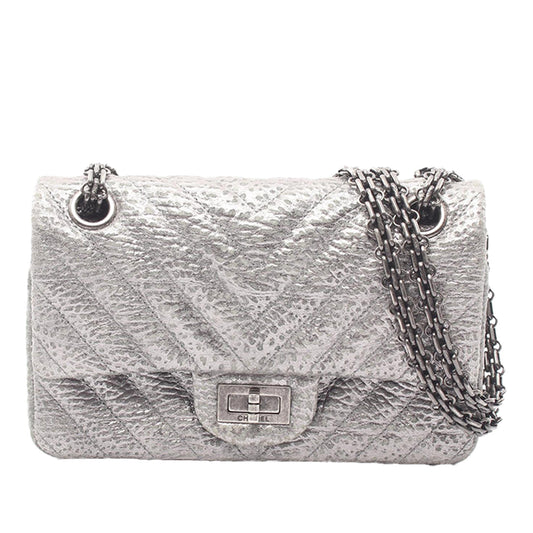 Chanel Mini Reissue 2.55 Metallic Aged Calfskin Double Flap 224 — Silver