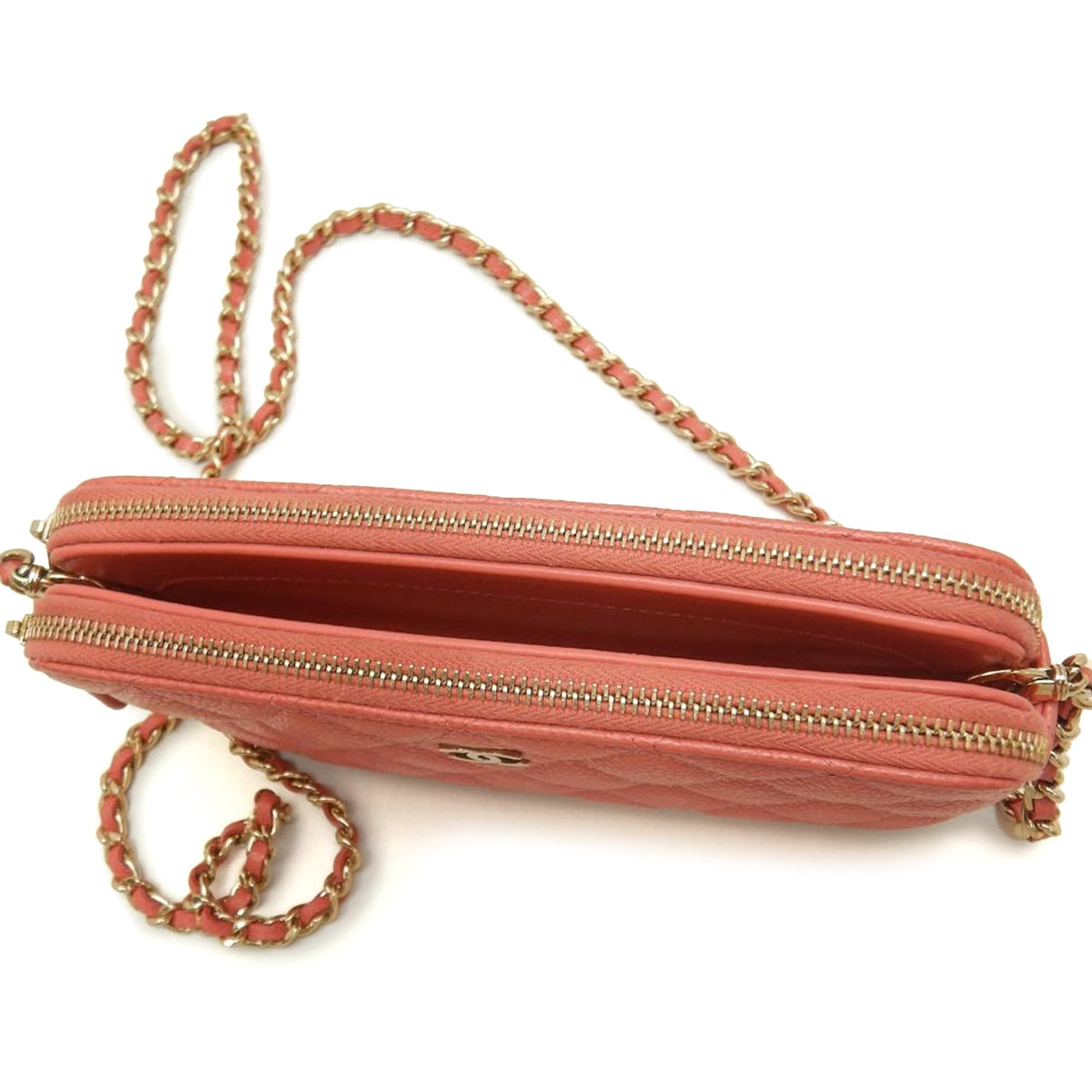 Chanel CC Quilted Caviar Double Zip Clutch With Chain