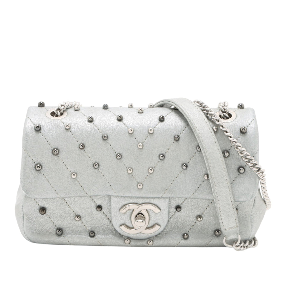 Chanel Mini Rectangular Chevron Lambskin Stud Wars Flap — Silver