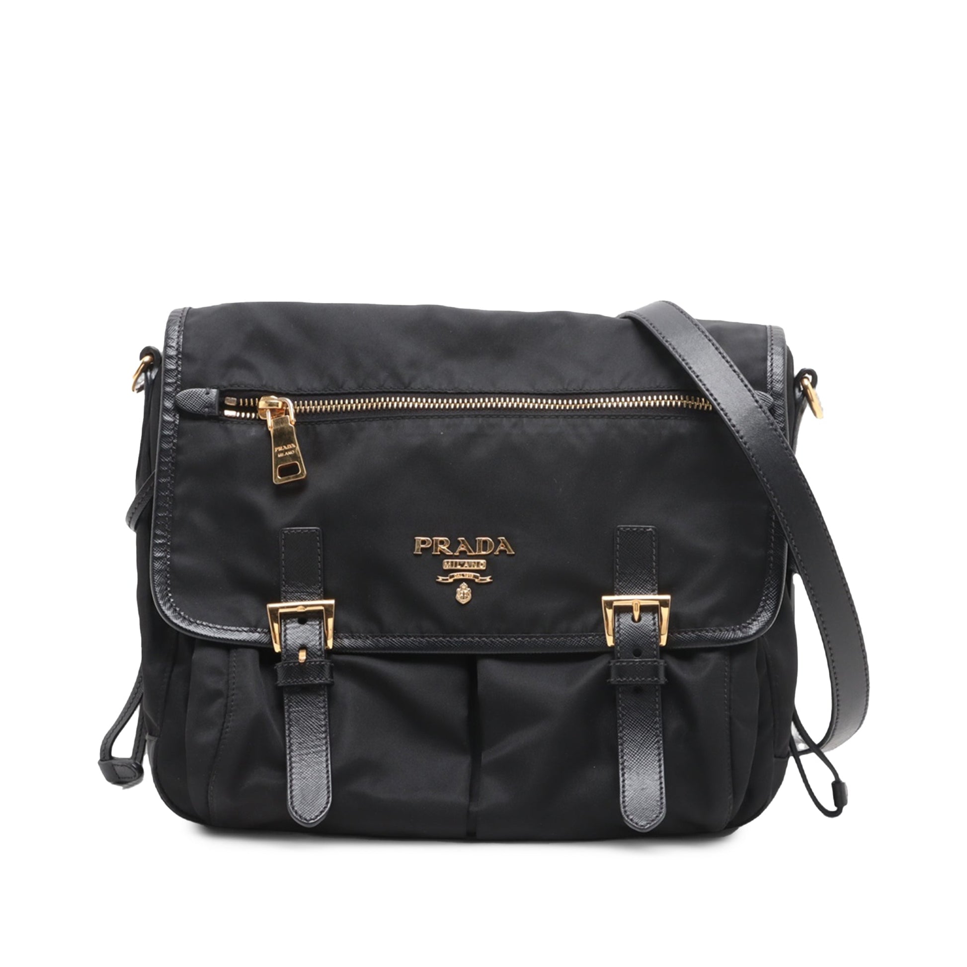 Prada Saffiano Trimmed Tessuto Zip Double Buckle Messenger Bag