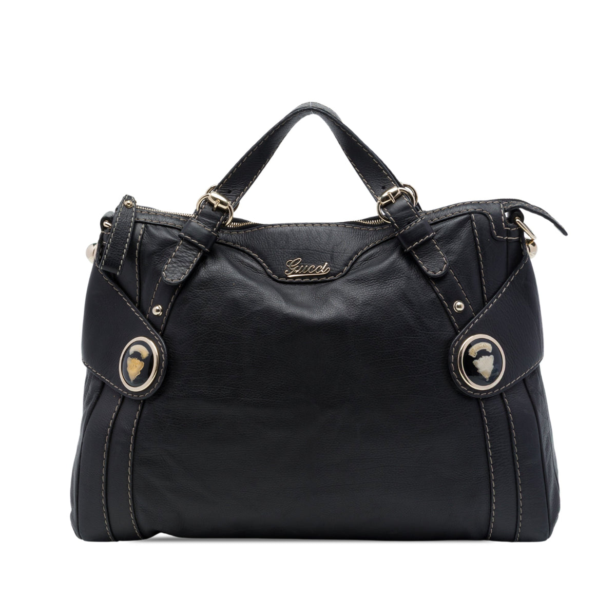 Gucci Calfskin Crest Boule Top Handle Bag — Black