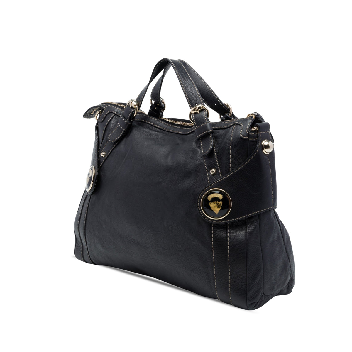 Gucci Calfskin Crest Boule Top Handle Bag — Black