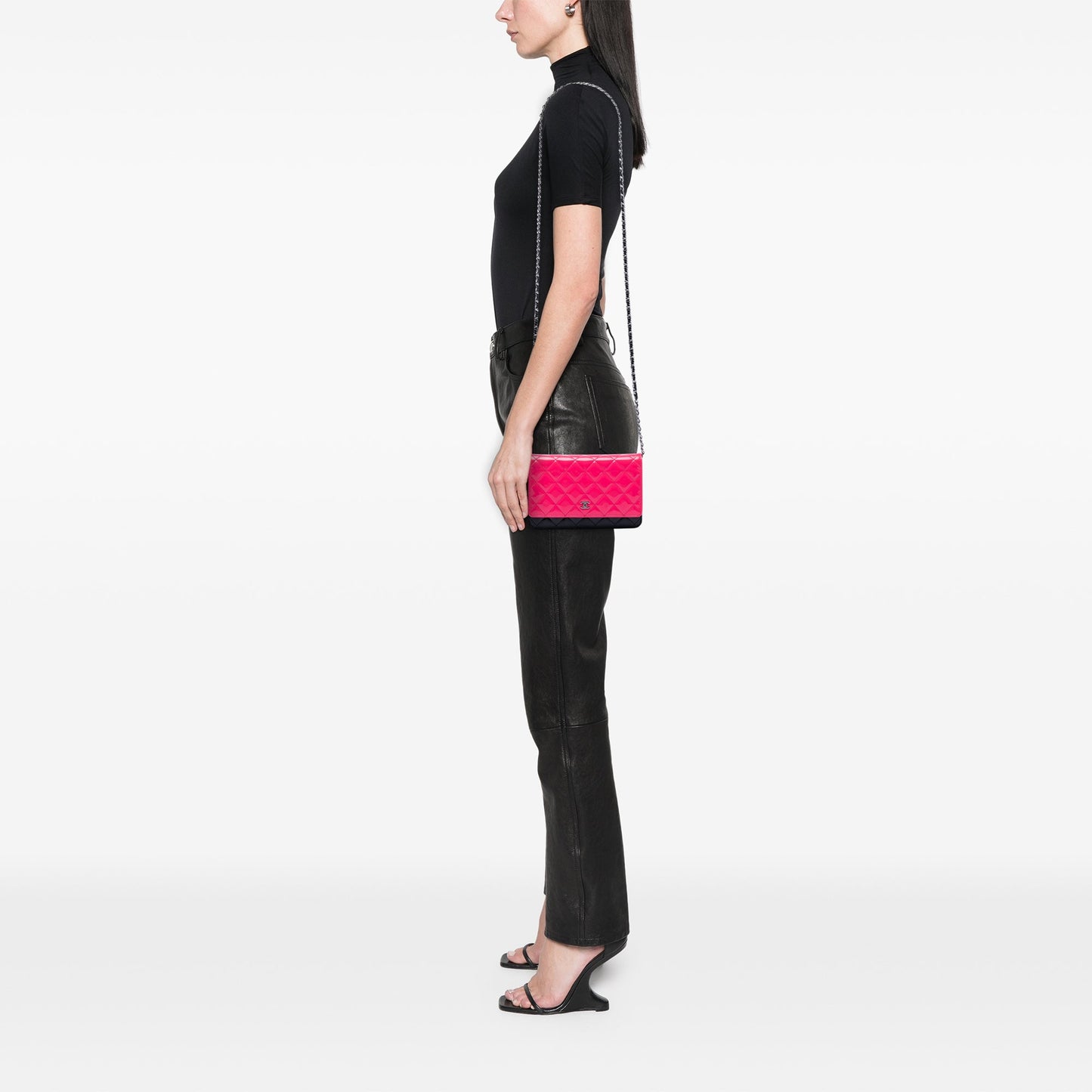 CC Bicolor Quilted Patent Wallet on Chain