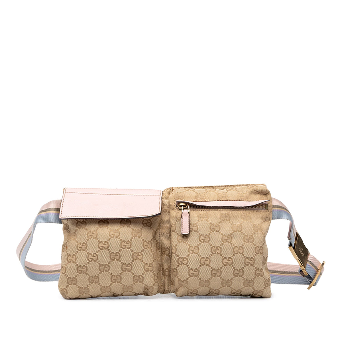 Gucci GG Canvas Web Double Pocket Belt Bag — Beige