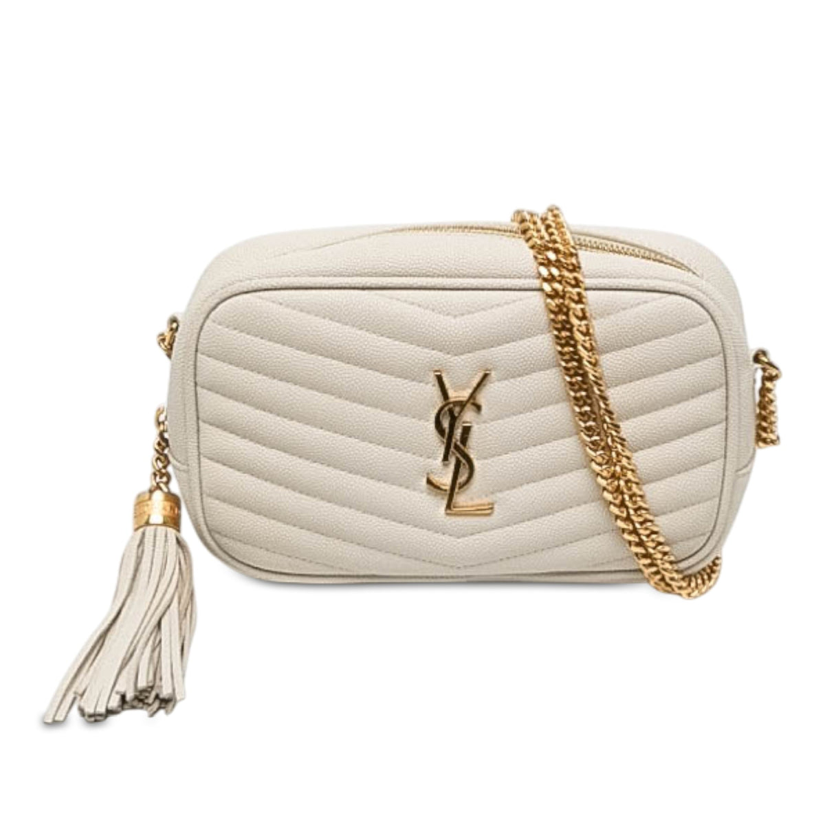 Saint Laurent Mini Grain de Poudre Monogram Lou Tassel Camera Bag — White