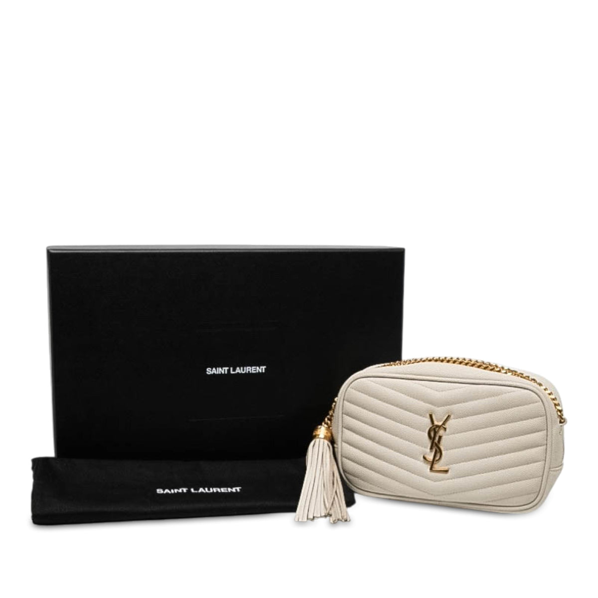 Saint Laurent Mini Grain de Poudre Monogram Lou Tassel Camera Bag — White