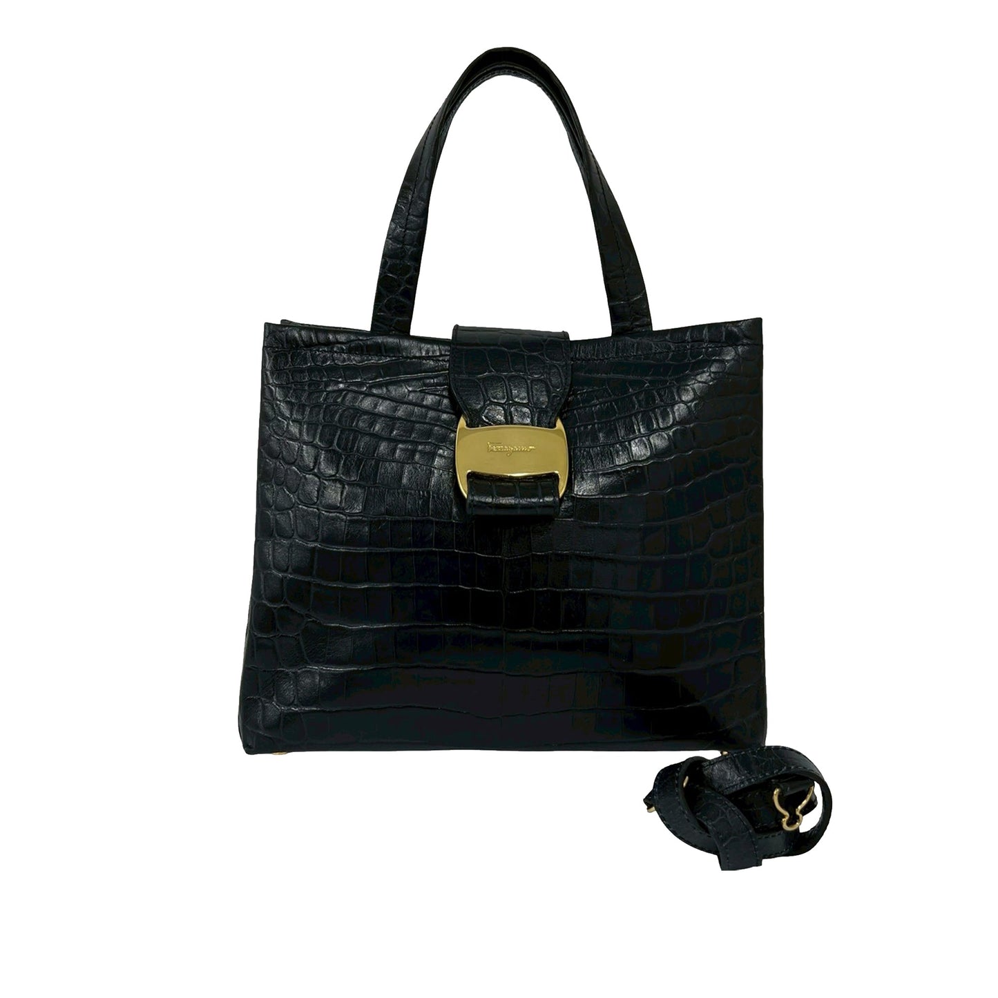 Ferragamo Croc Embossed Leather Vara Bow Satchel