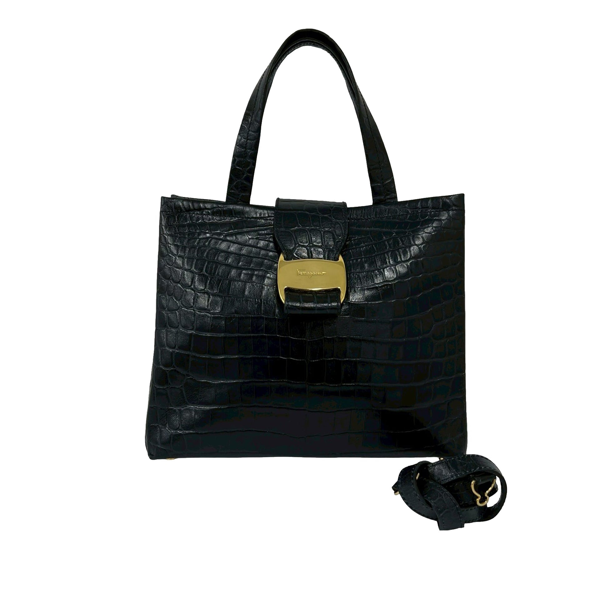Ferragamo Croc Embossed Leather Vara Bow Satchel
