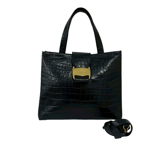 Ferragamo Croc Embossed Leather Vara Bow Satchel