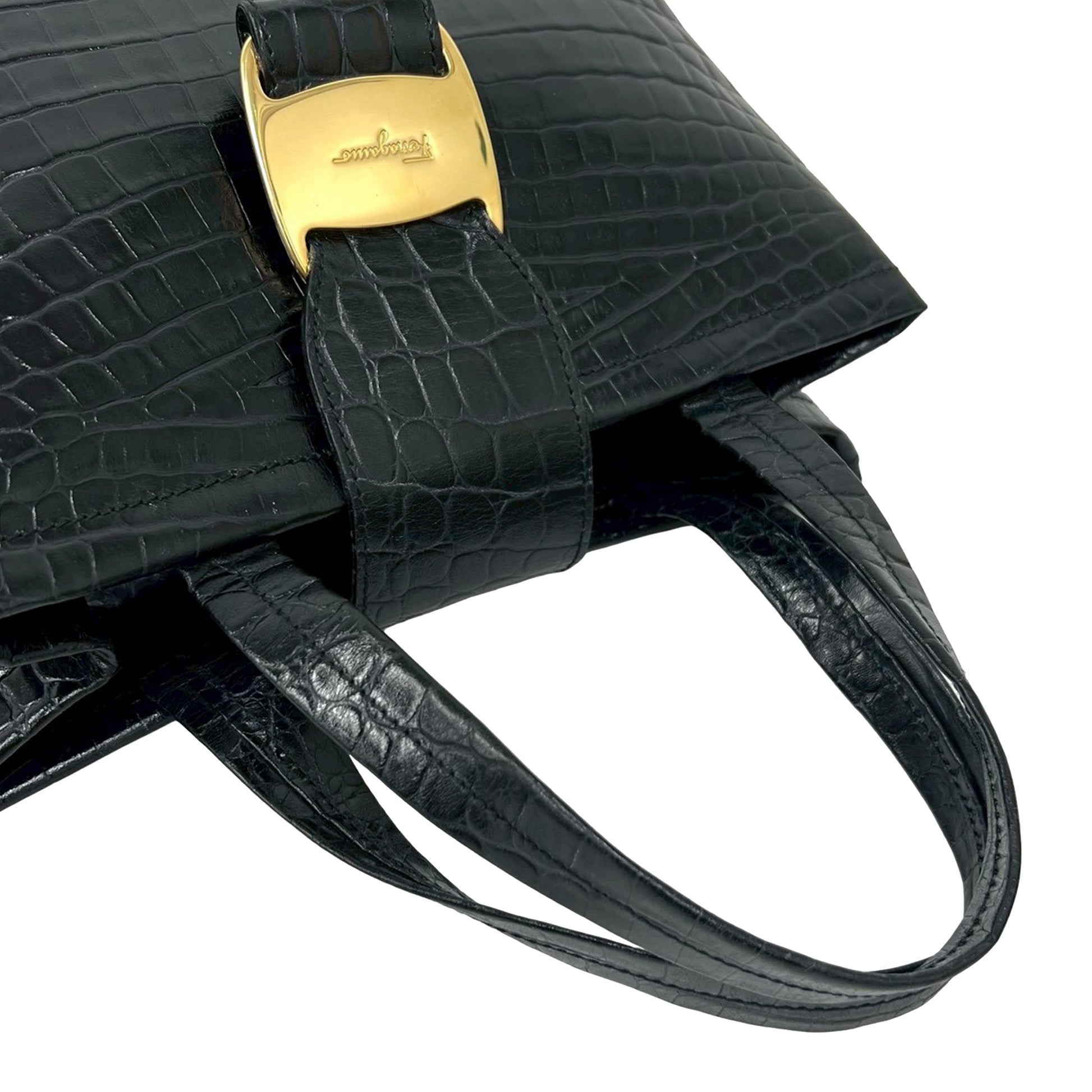Ferragamo Croc Embossed Leather Vara Bow Satchel