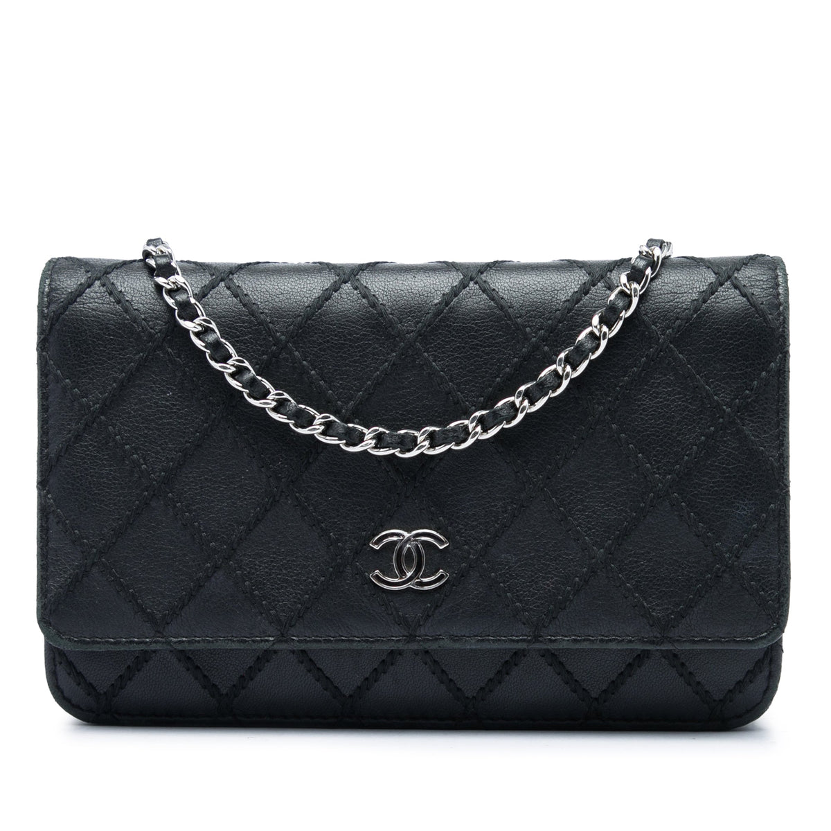 Chanel CC Lambskin Wild Stitch Wallet on Chain — Black