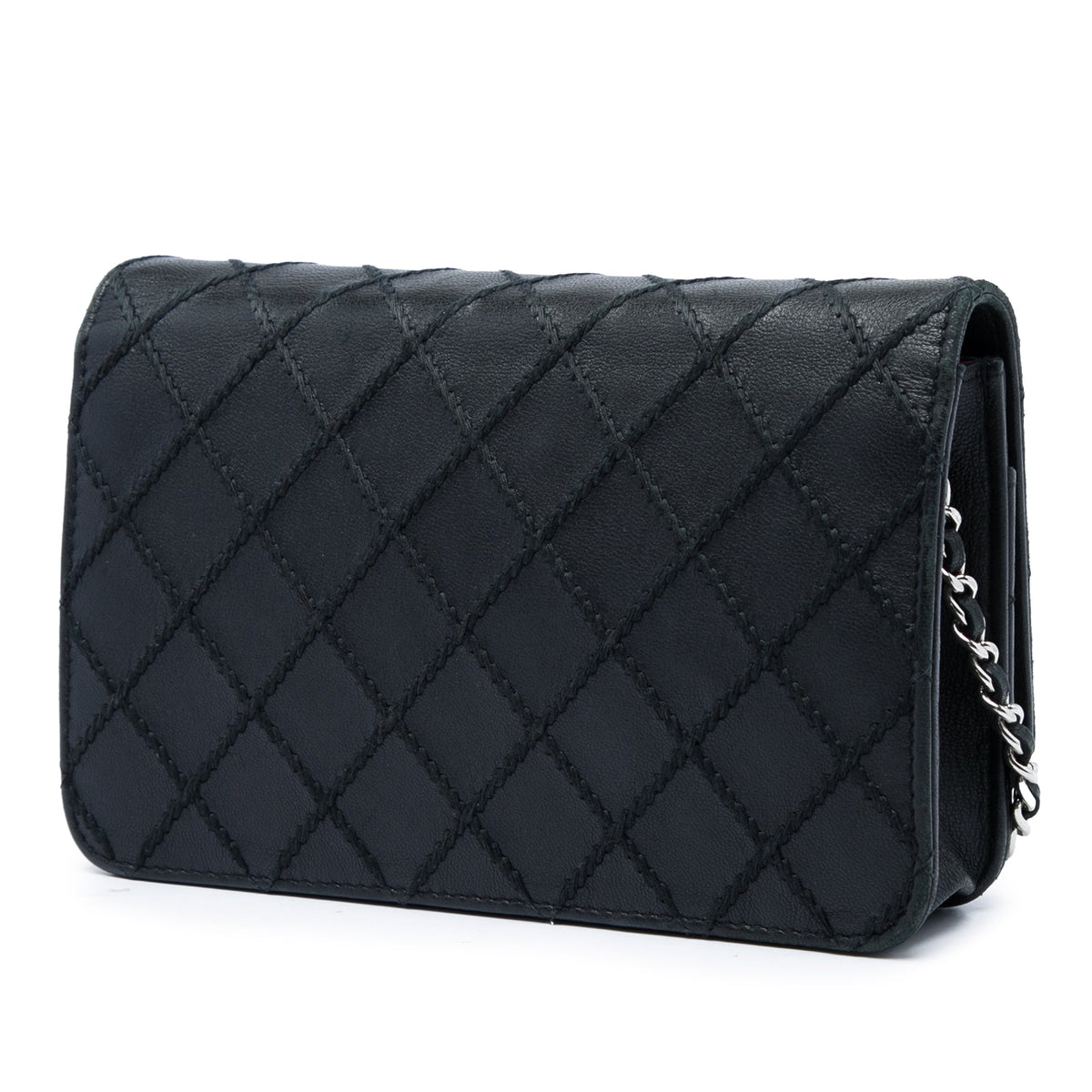 Chanel CC Lambskin Wild Stitch Wallet on Chain — Black
