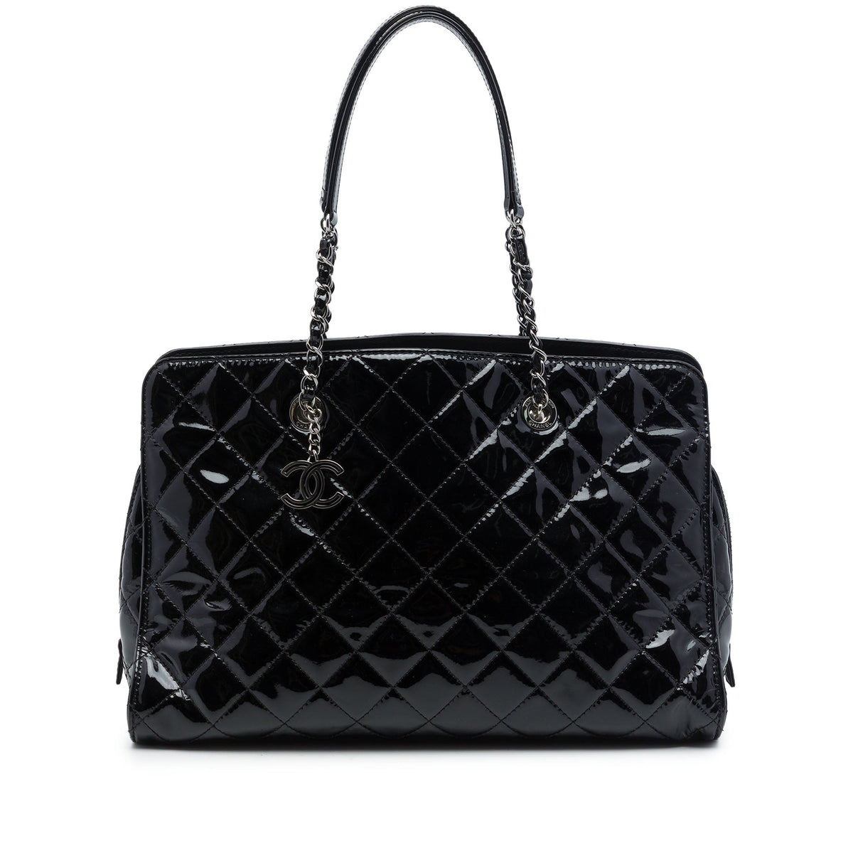 Chanel CC Quilted Patent Charm Tote — Black
