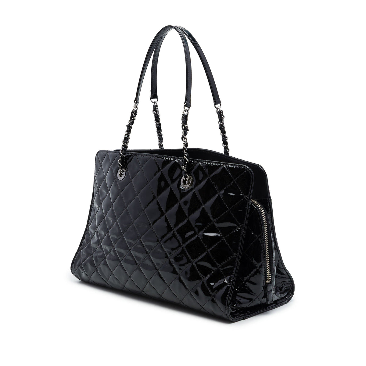 Chanel CC Quilted Patent Charm Tote — Black