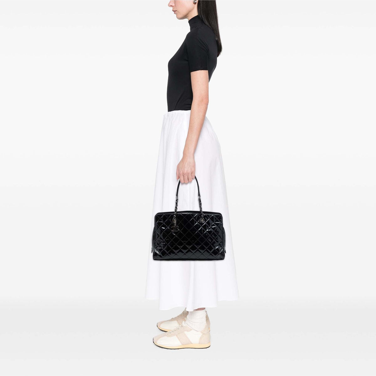 Chanel CC Quilted Patent Charm Tote — Black