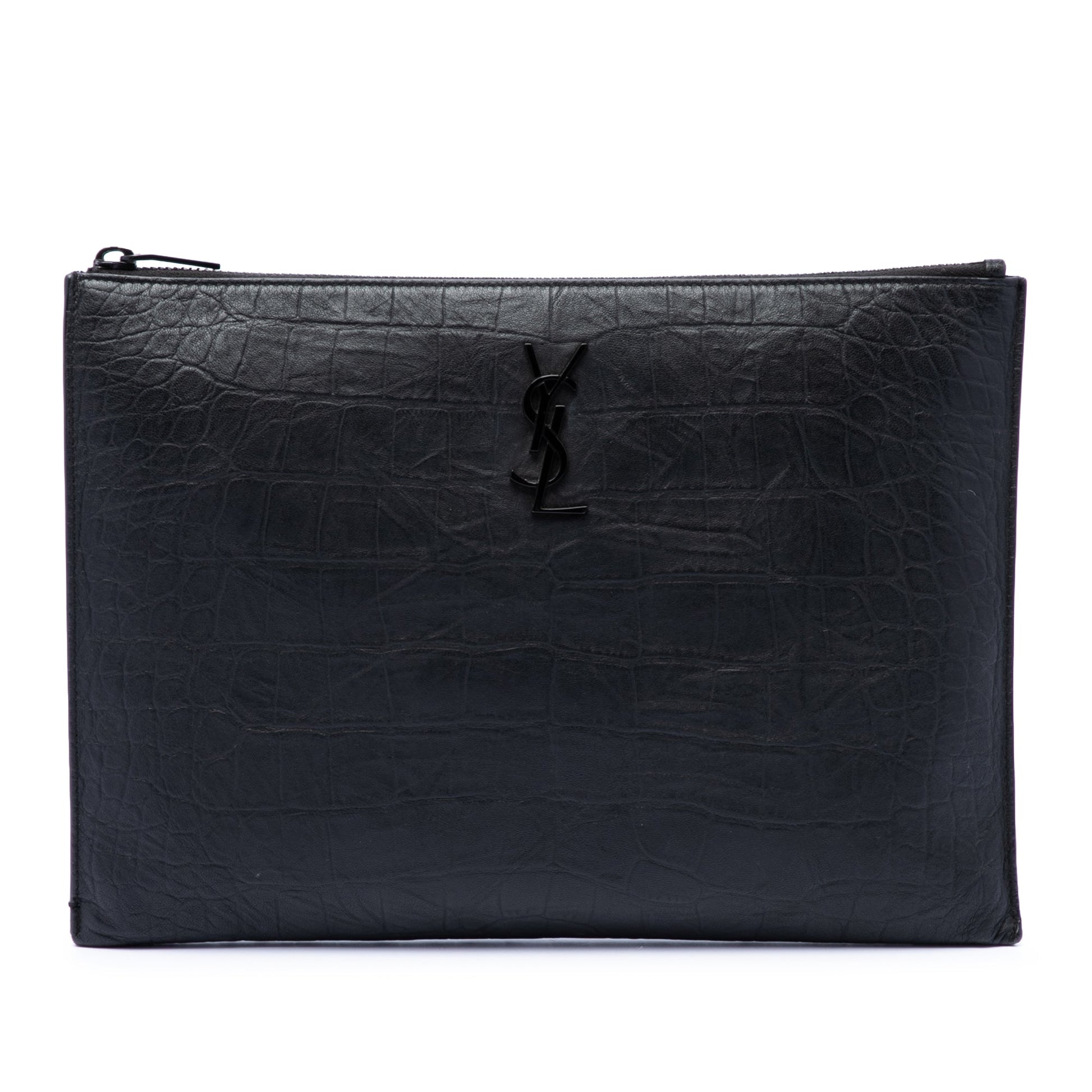 Saint Laurent Croc Embossed Leather Monogram Document Holder