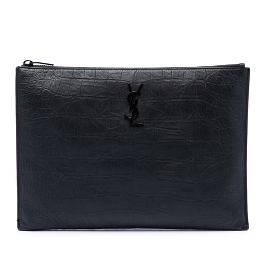 Saint Laurent Croc Embossed Leather Monogram Document Holder