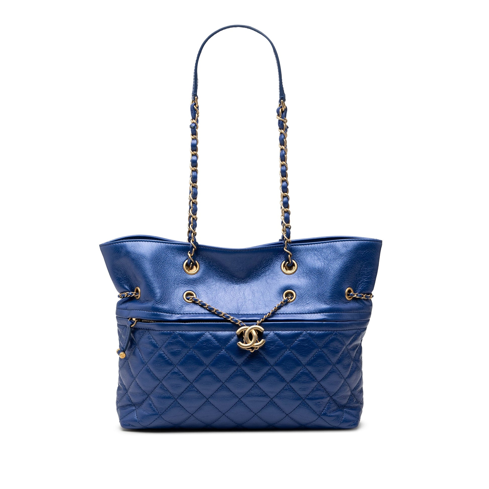 Chanel CC Calfskin Front Zip Drawstring Chain Tote